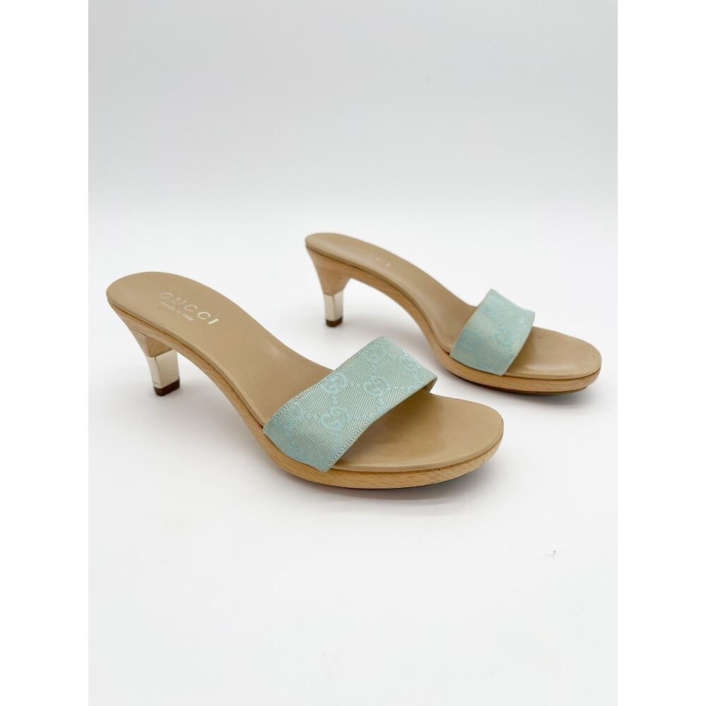 Gucci Vintage Teal GG Monogram Canvas Wooden Heel Slide Mule Sandals EU 36.5 - Picture 3 of 15